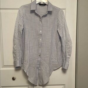 ZARA BASIC Button Down Shirt Blouse Striped with Tie Waist & Pleated Sleeves